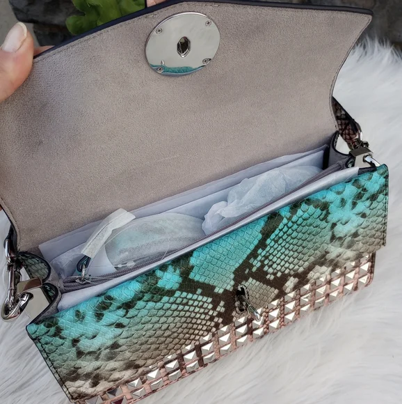 Michael Kors Greenwich Ombre Ocean Blue Studded Snakeskin Leather Shoulder Bag